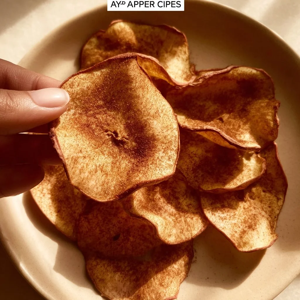 Homemade air fryer apple chips arranged on a plate, showcasing their crunchy texture.