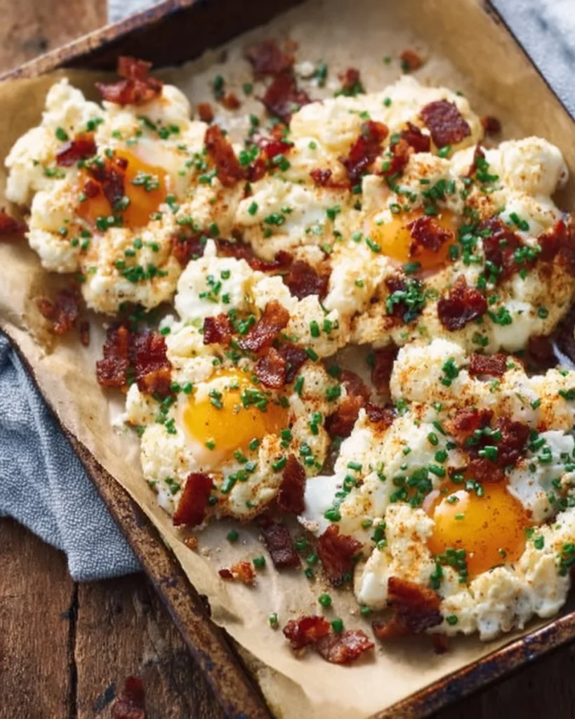 Fluffy Bacon Parmesan and Chive Egg Clouds served on a plate.