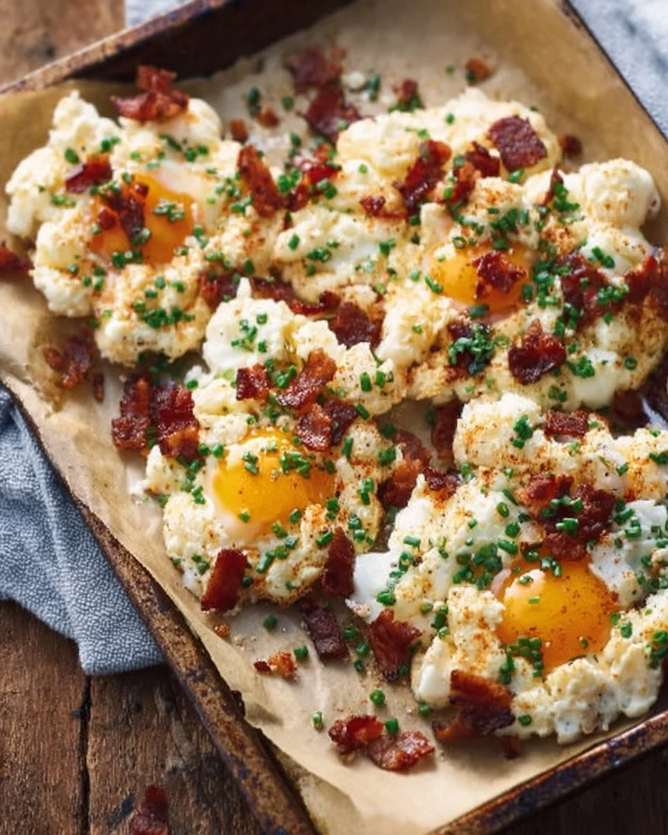 Fluffy Bacon Parmesan and Chive Egg Clouds served on a plate.