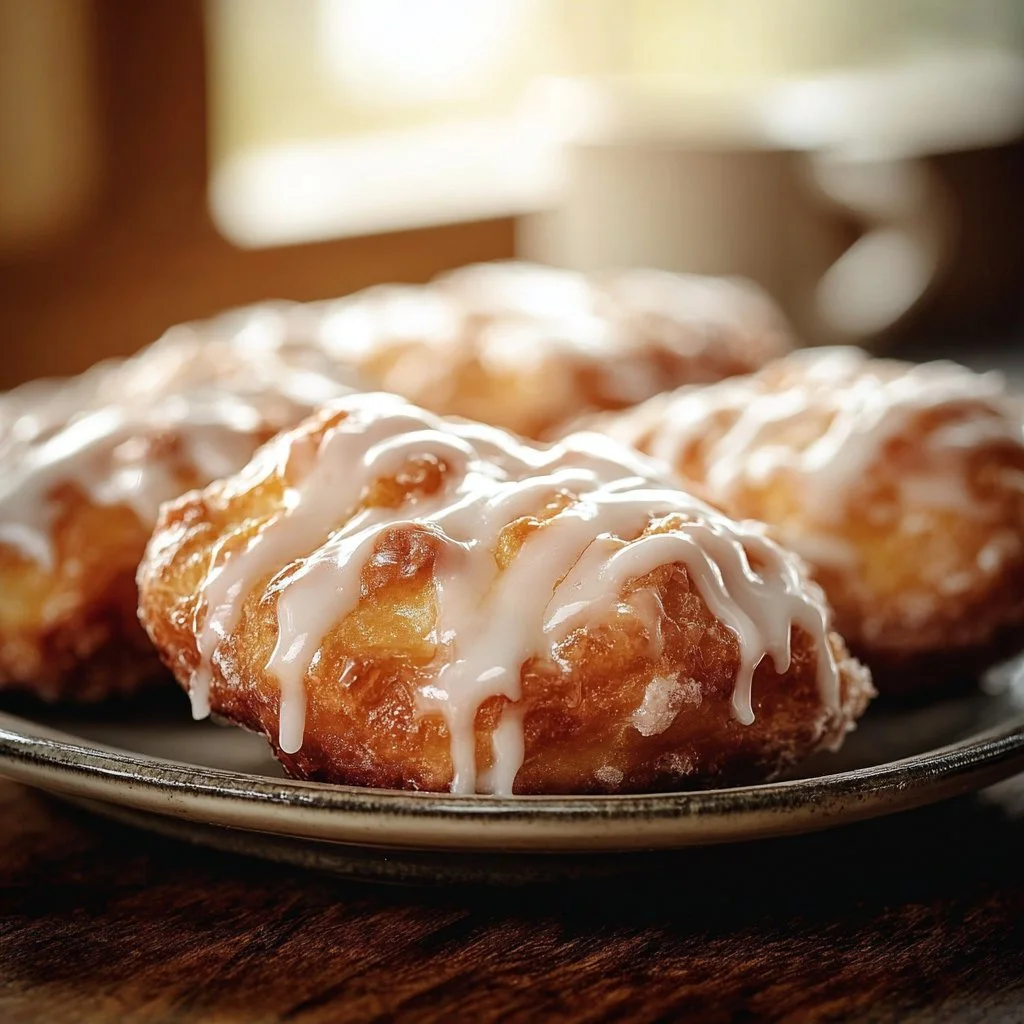 Baked apple fritters with sweet glaze on a plate