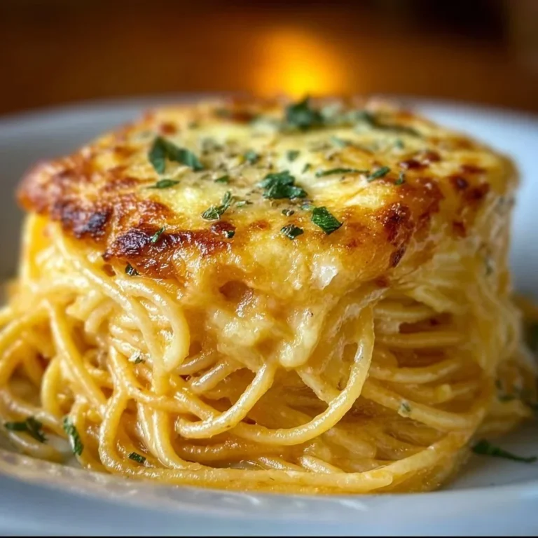 Baked Cream Cheese Spaghetti Casserole topped with cheese and herbs