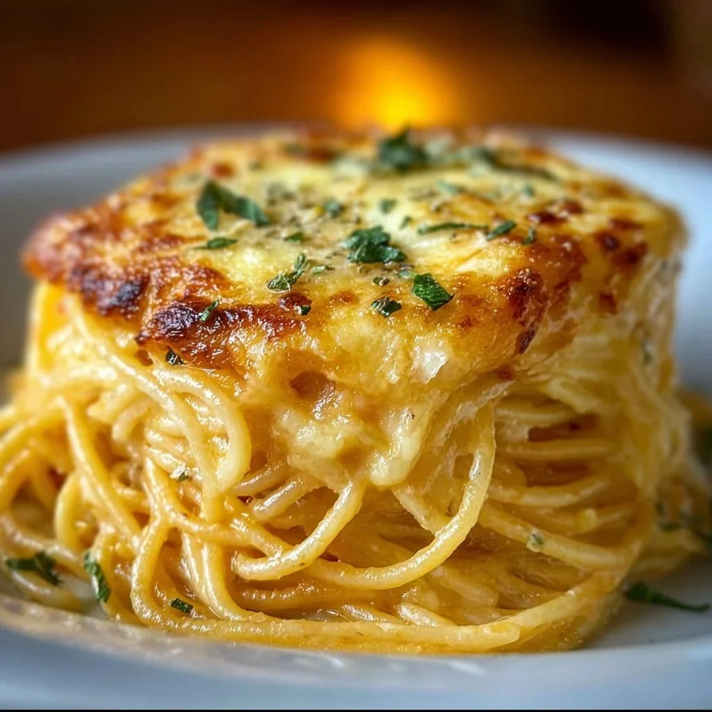 Baked Cream Cheese Spaghetti Casserole topped with cheese and herbs