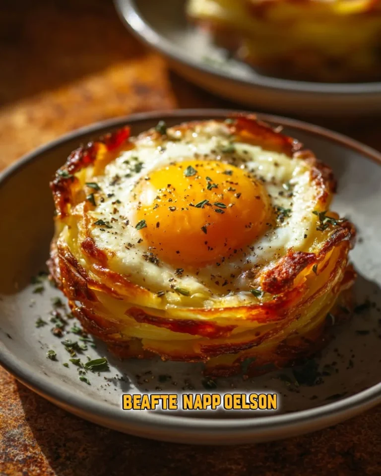Delicious baked eggs napoleon with layers of flavor and color served in a dish.