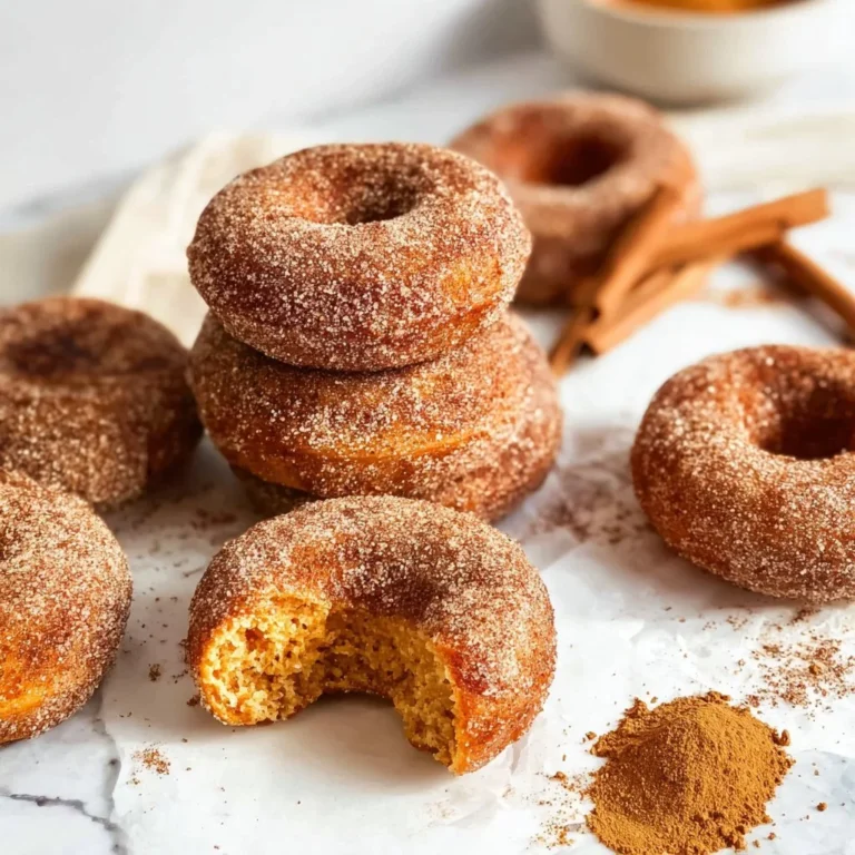 Gluten-free baked pumpkin donuts on a plate, dusted with cinnamon sugar.