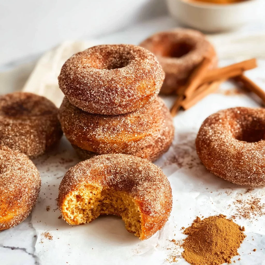 Gluten-free baked pumpkin donuts on a plate, dusted with cinnamon sugar.