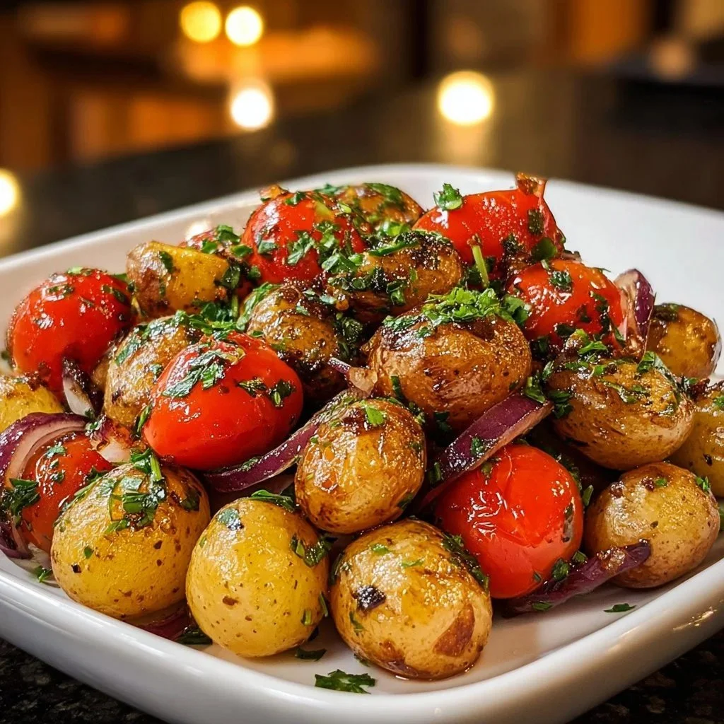 Delicious Balsamic Potato Salad with fresh herbs and vegetables.