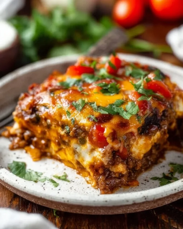 Delicious beef enchilada casserole topped with cheese and fresh ingredients