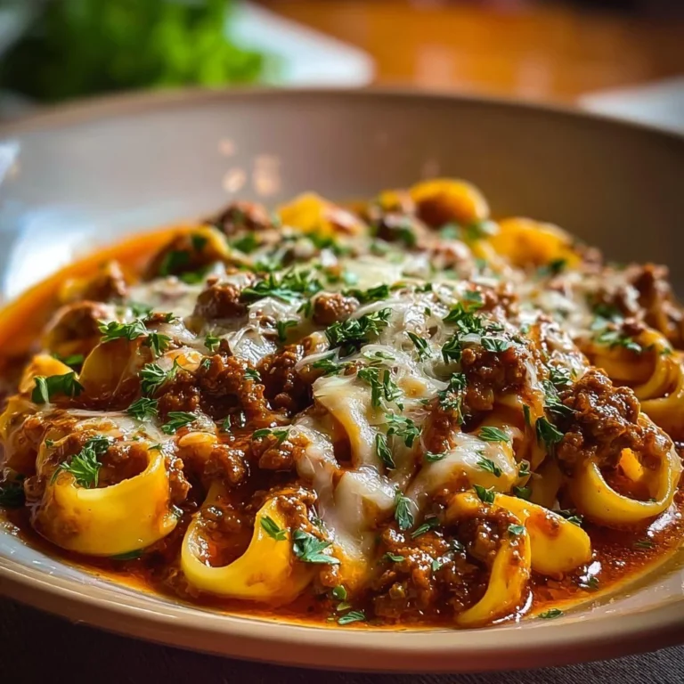 A delicious Beefy Tortellini Bake topped with cheese and herbs, ready to serve.