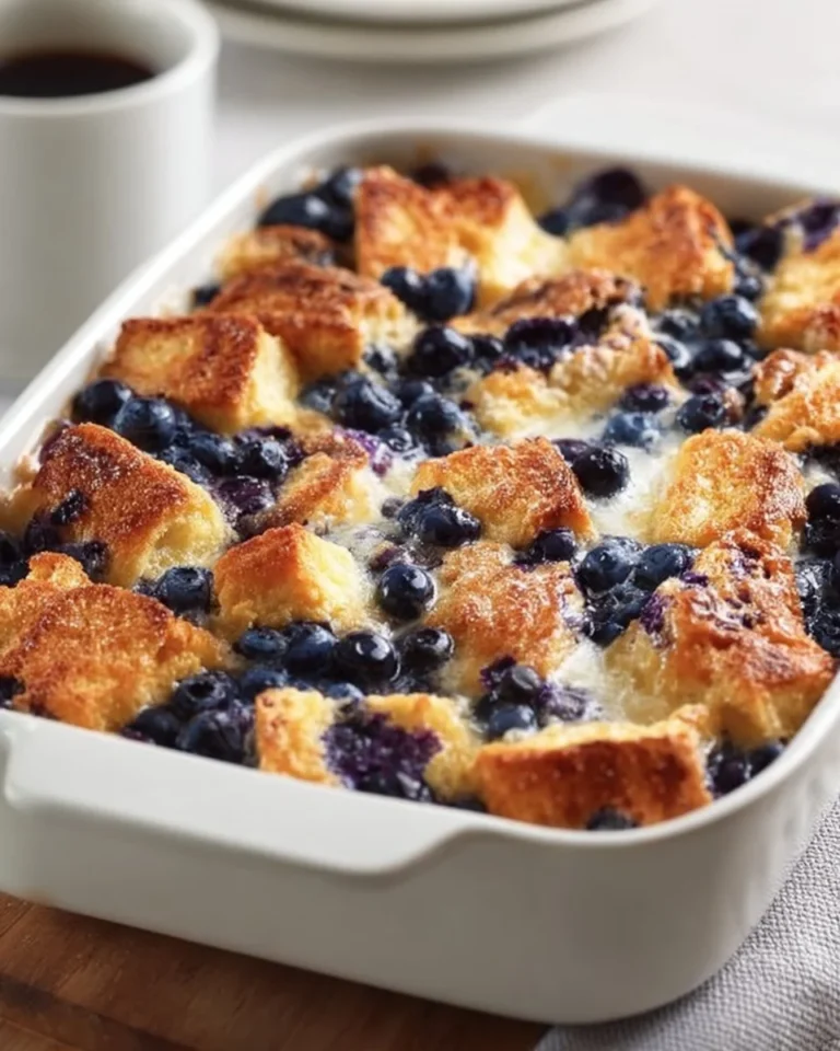 Blueberry French Toast Casserole served in a dish with fresh blueberries