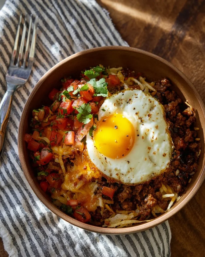 Delicious breakfast chili topped with eggs in a colorful bowl