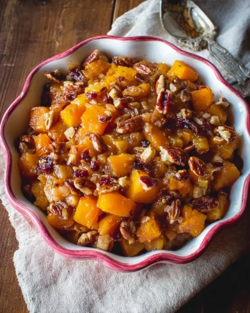 Deliciously baked butternut squash and apple dish topped with spices.