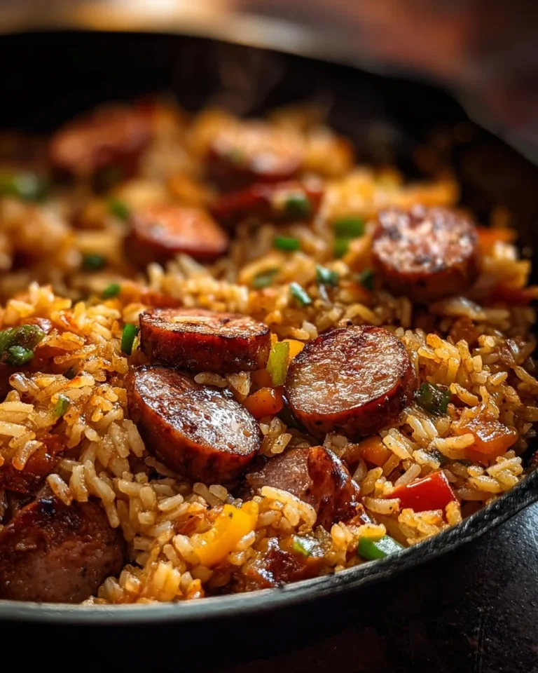 Cajun sausage and rice skillet dish garnished with green onions