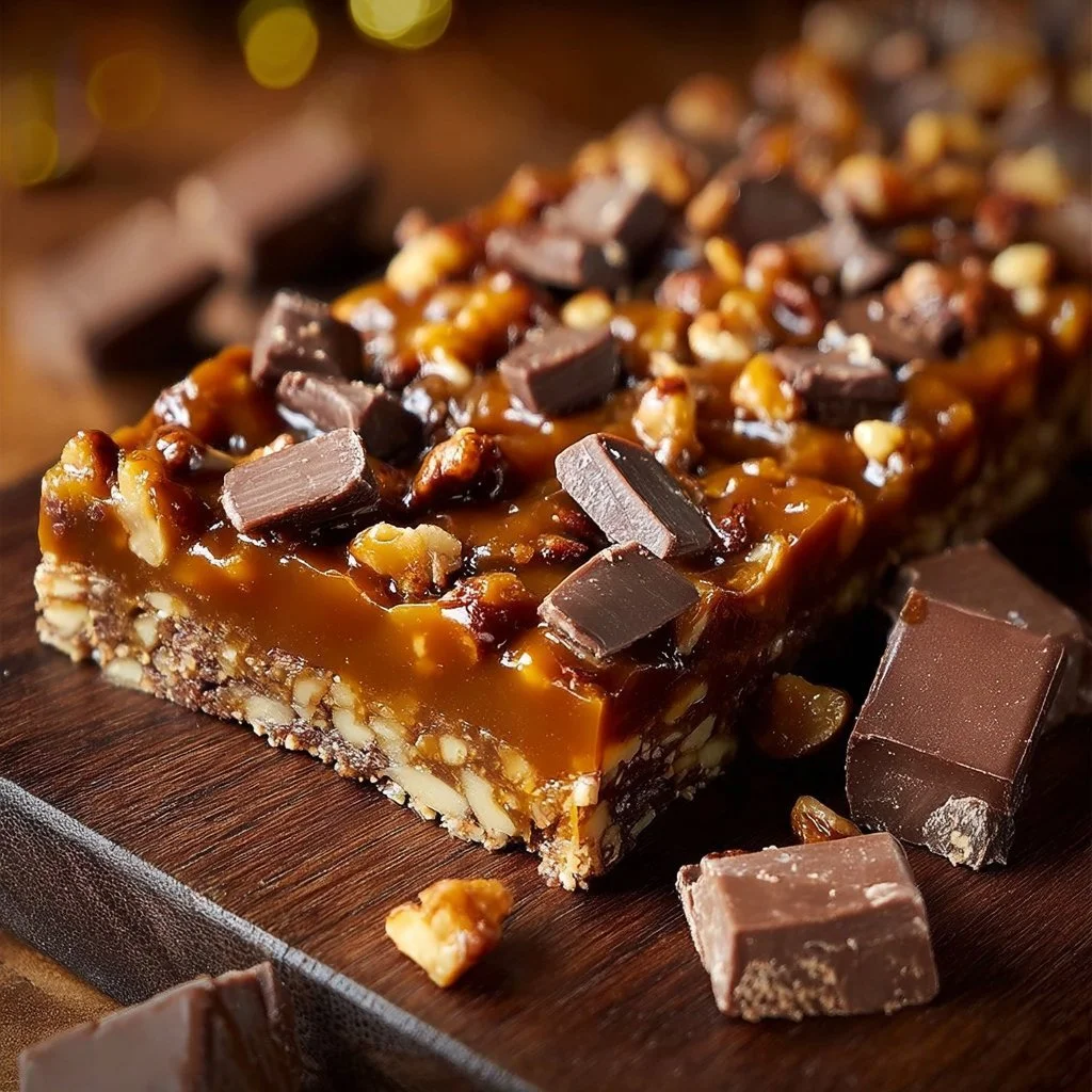 Delicious caramel chocolate crunch bars with a crispy texture