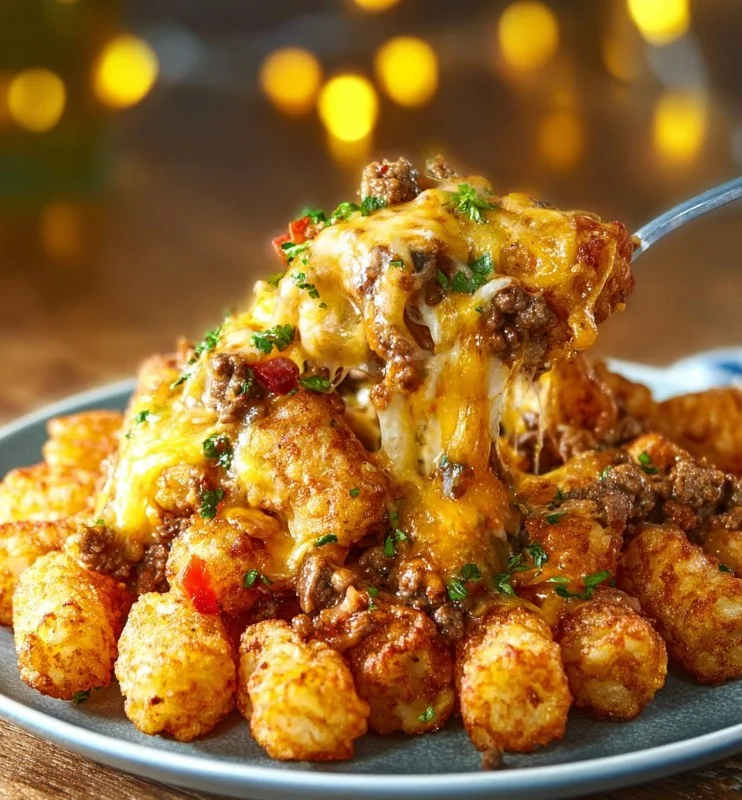 Delicious Cheeseburger Tater Tot Casserole topped with melted cheese and savory beef.
