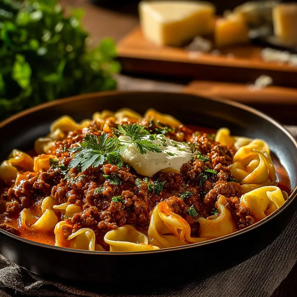 Cheesy beef enchiladas tortellini served on a plate with garnishes