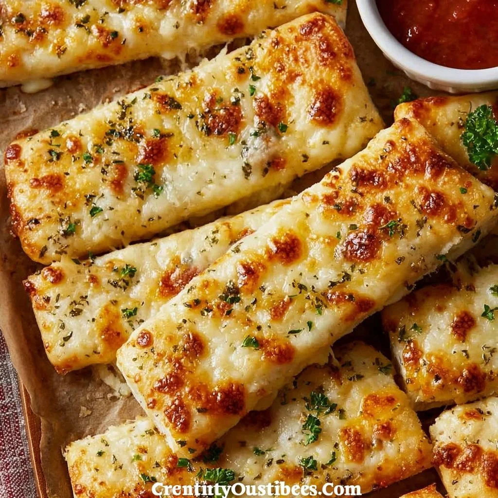 Freshly baked cheesy bread sticks served with marinara sauce