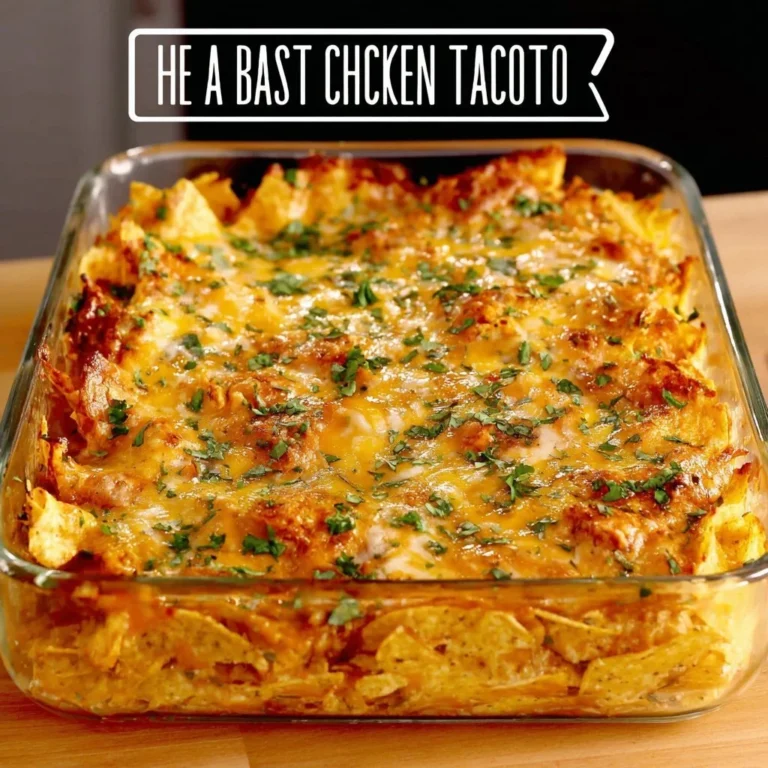 Cheesy chicken taco casserole topped with melted cheese and fresh ingredients.