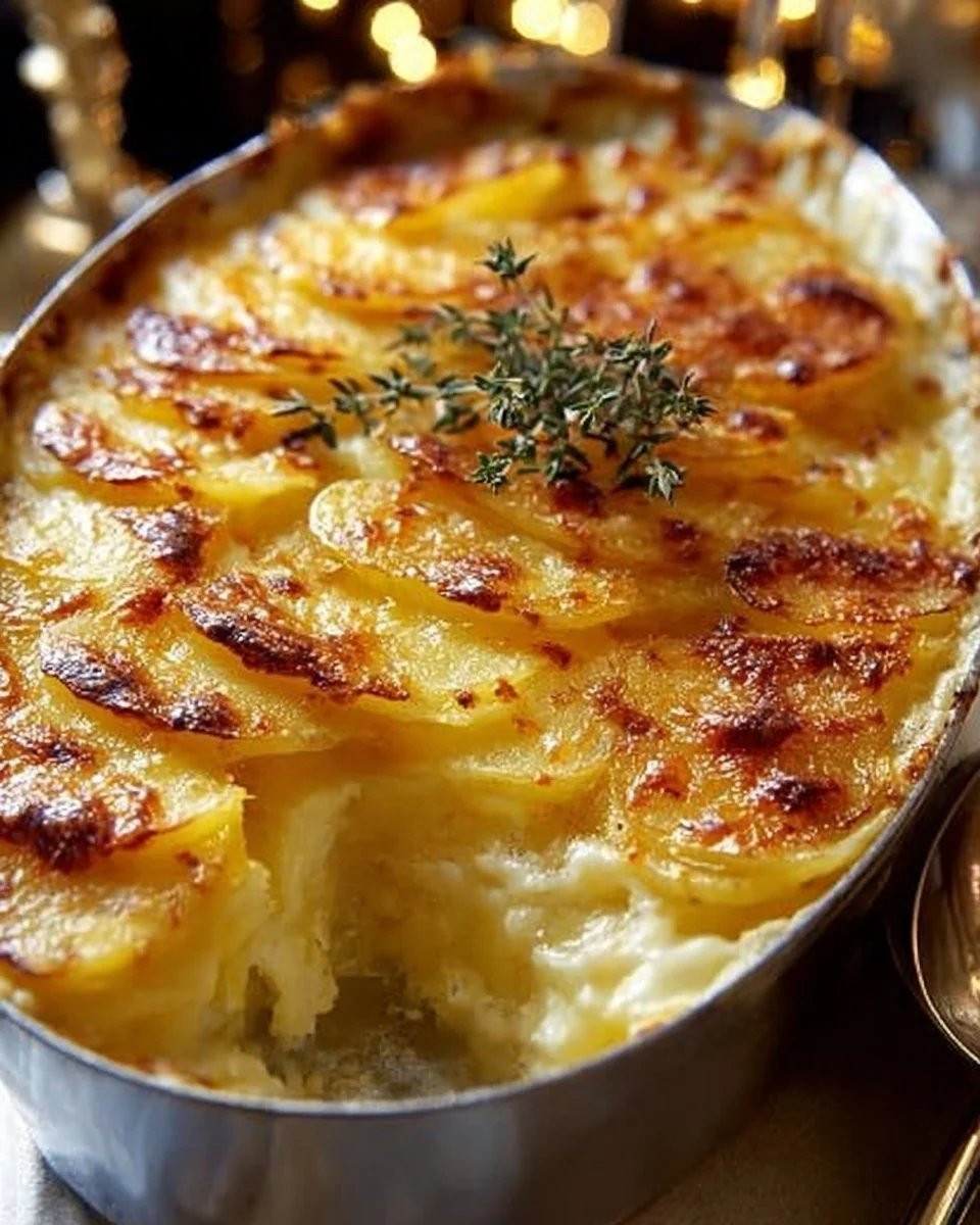 Delicious cheesy garlic potatoes gratin baked to perfection