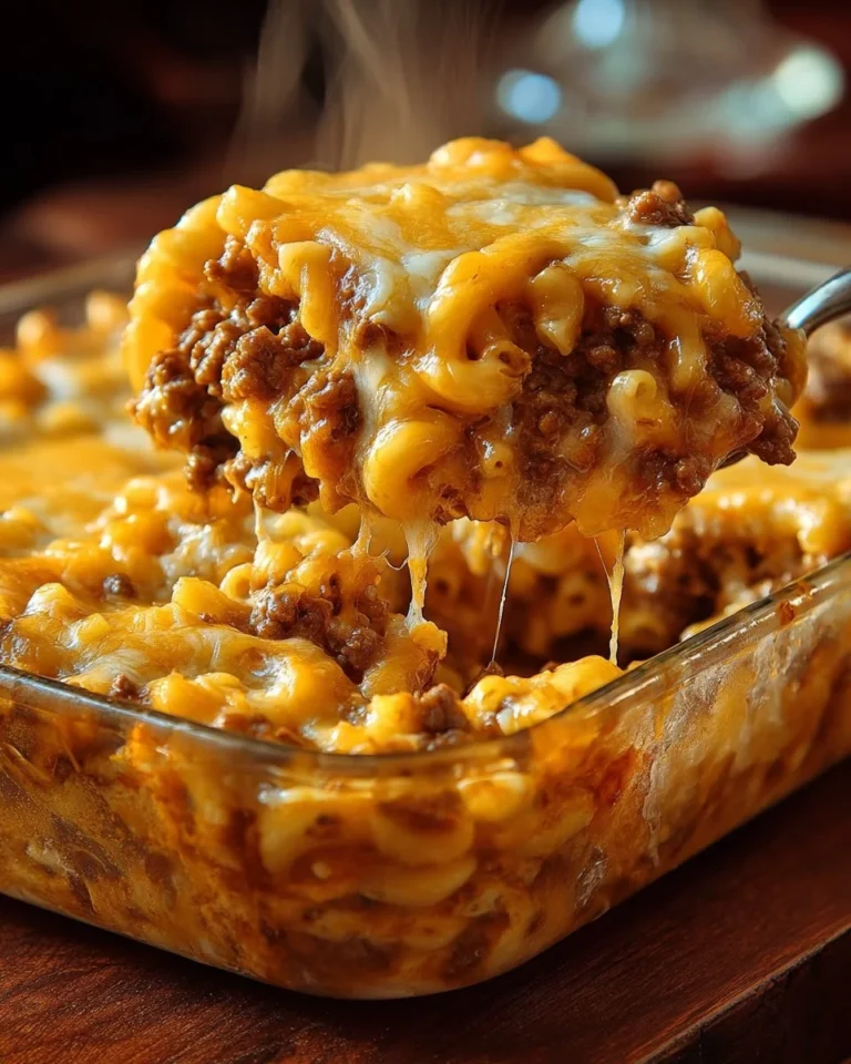 Delicious cheesy hamburger casserole served in a baking dish