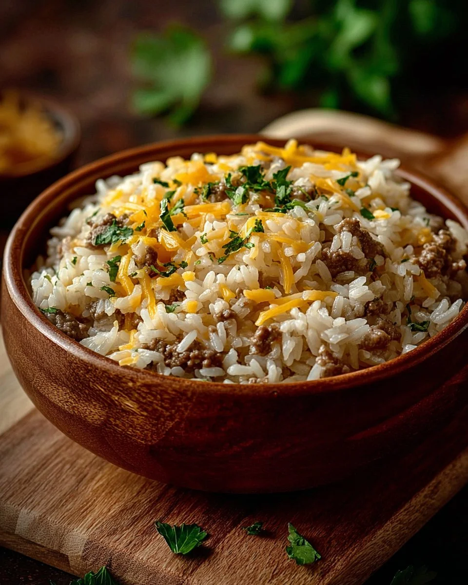 Cheesy hamburger rice casserole served in a baking dish with melted cheese on top.