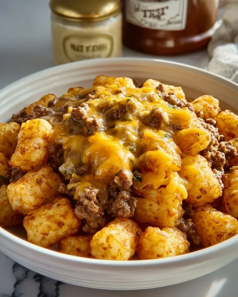 Cheesy tater tot casserole served in a baking dish, topped with melted cheese