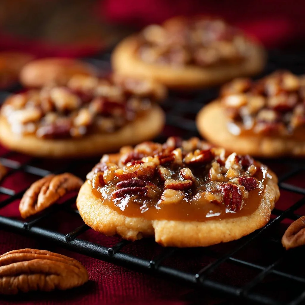 Chewy pecan pie cookies with caramelized filling on a plate