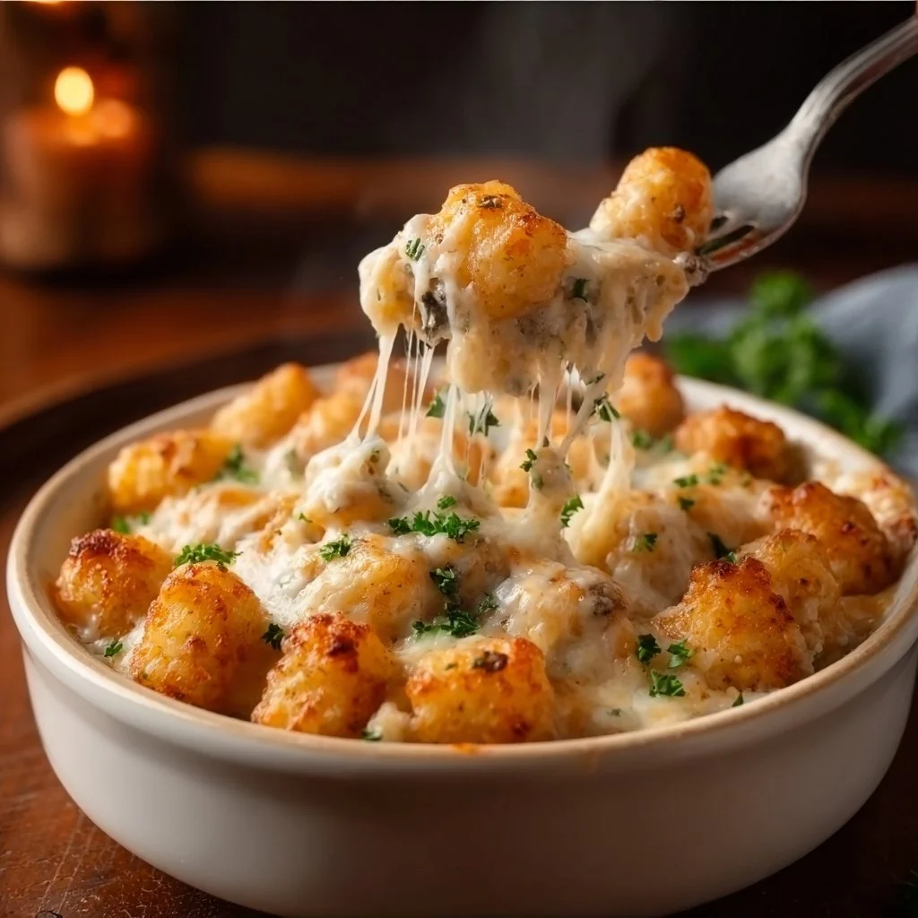 Chicken Alfredo Tater Tot Casserole with creamy sauce and crispy tater tots