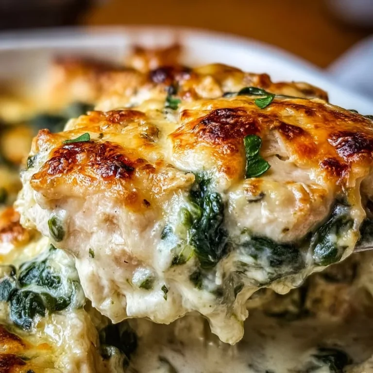 Creamy Chicken Spinach Casserole topped with cheese