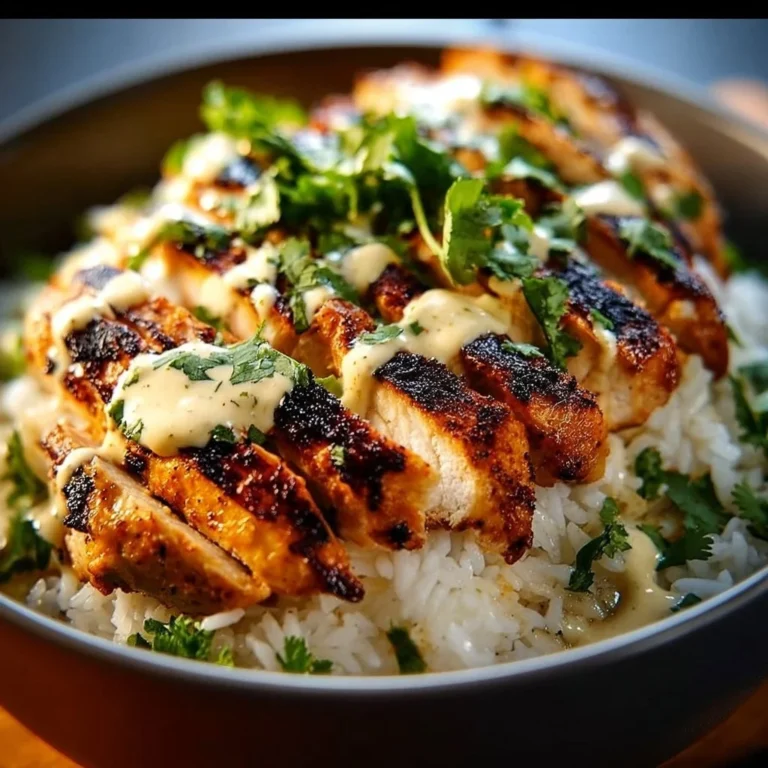 Chicken rice bowl topped with creamy garlic sauce and fresh herbs