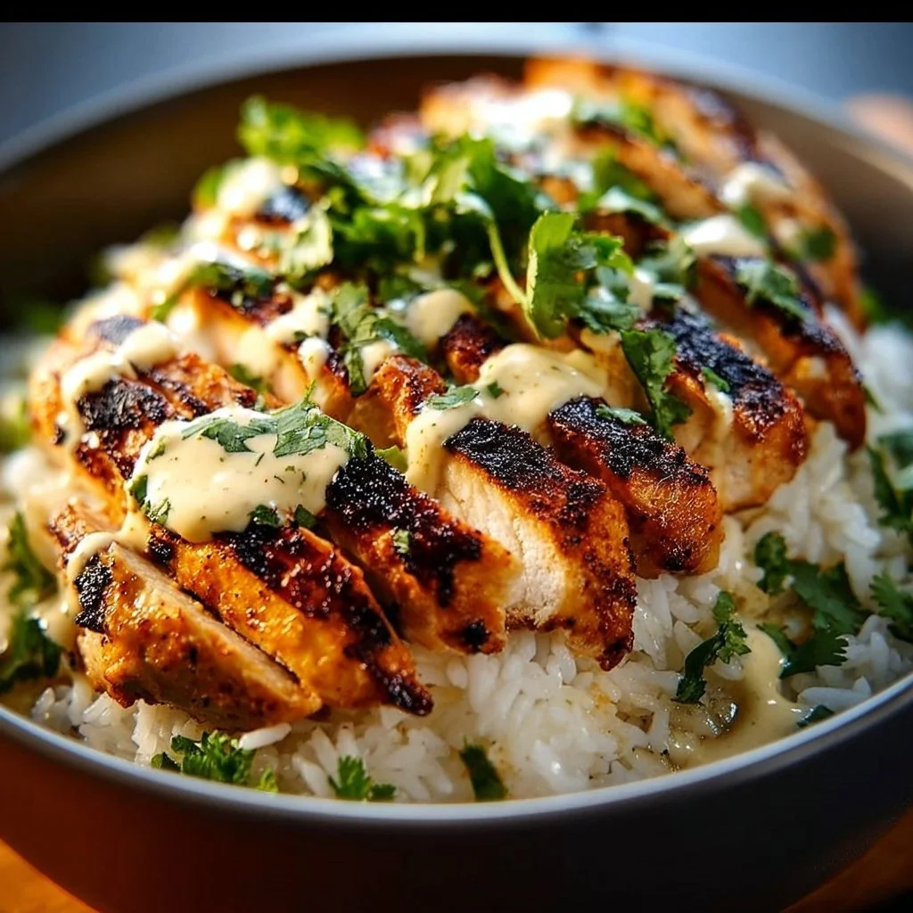Chicken rice bowl topped with creamy garlic sauce and fresh herbs