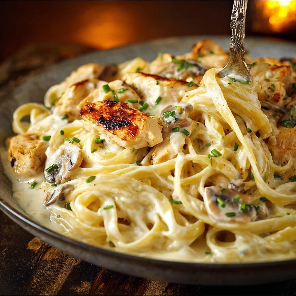 Creamy Chicken Tetrazzini casserole served with garnishes