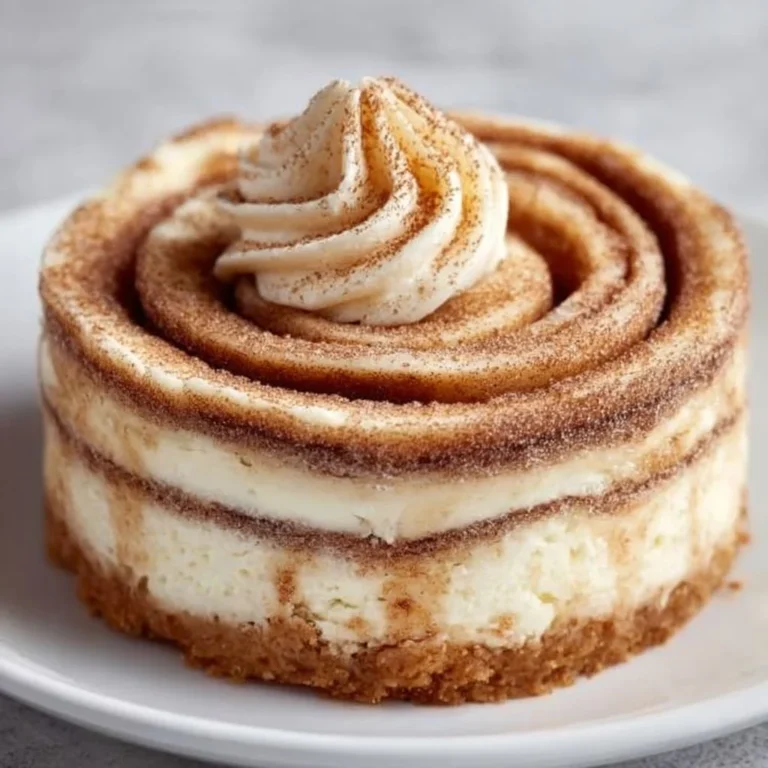 Delicious cinnamon roll cheesecake topped with cinnamon swirl and cream cheese frosting.