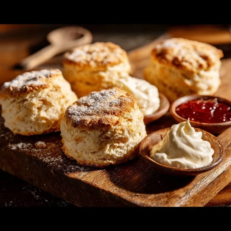 Freshly baked classic scone recipe with clotted cream and jam.