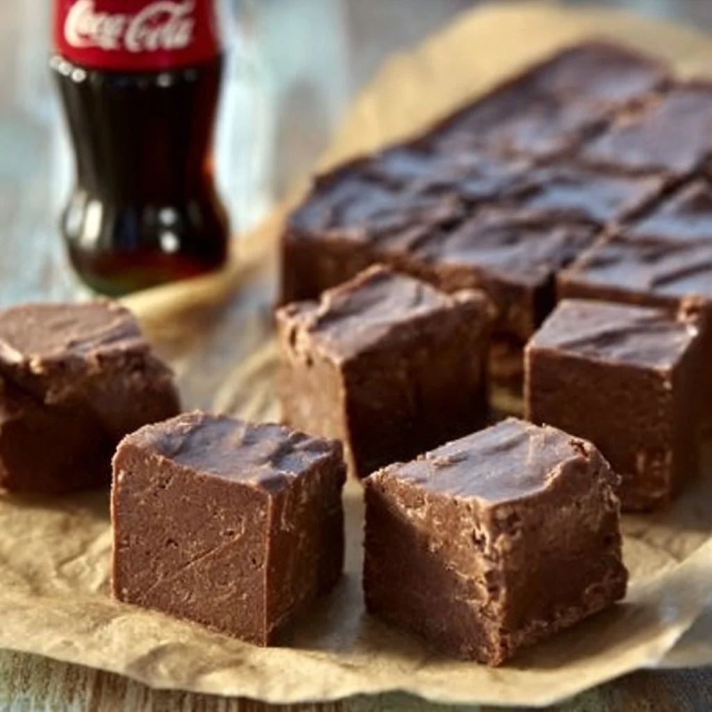 Delicious homemade Coca-Cola fudge squares on a white plate.