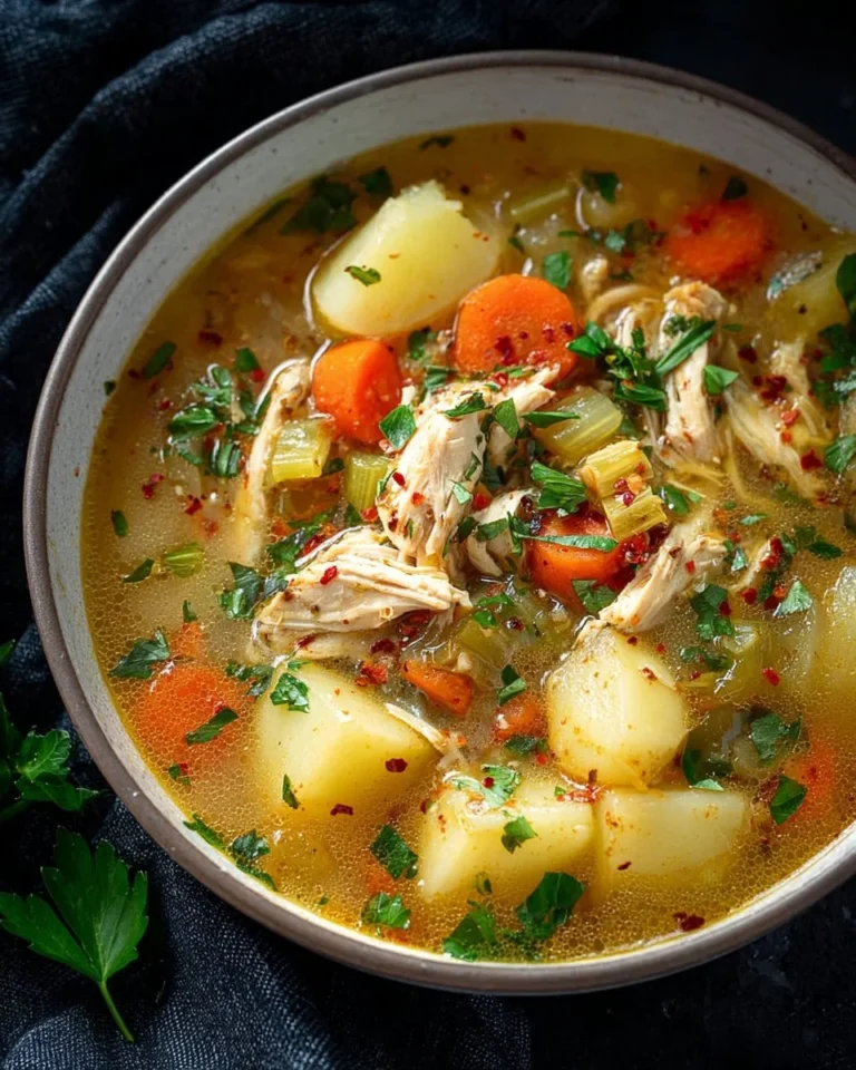 Bowl of comforting chicken soup with potatoes and herbs