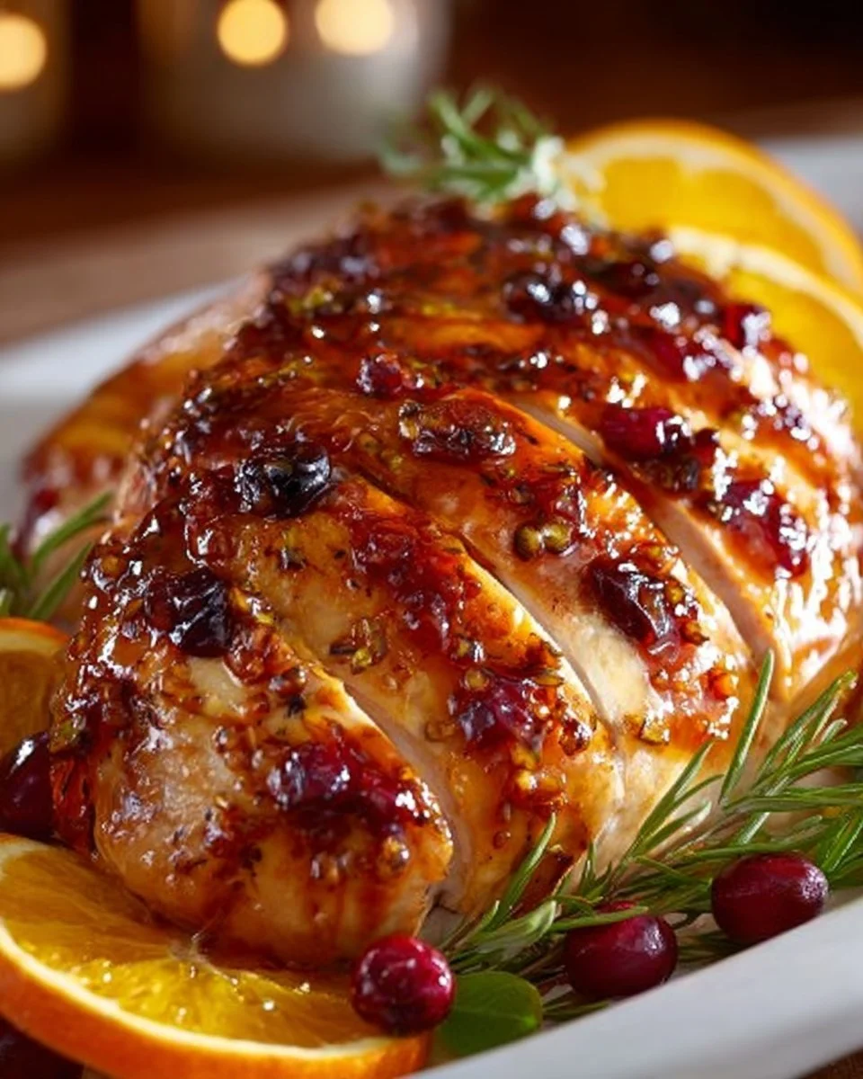 Cranberry orange glazed turkey breast served on a festive table
