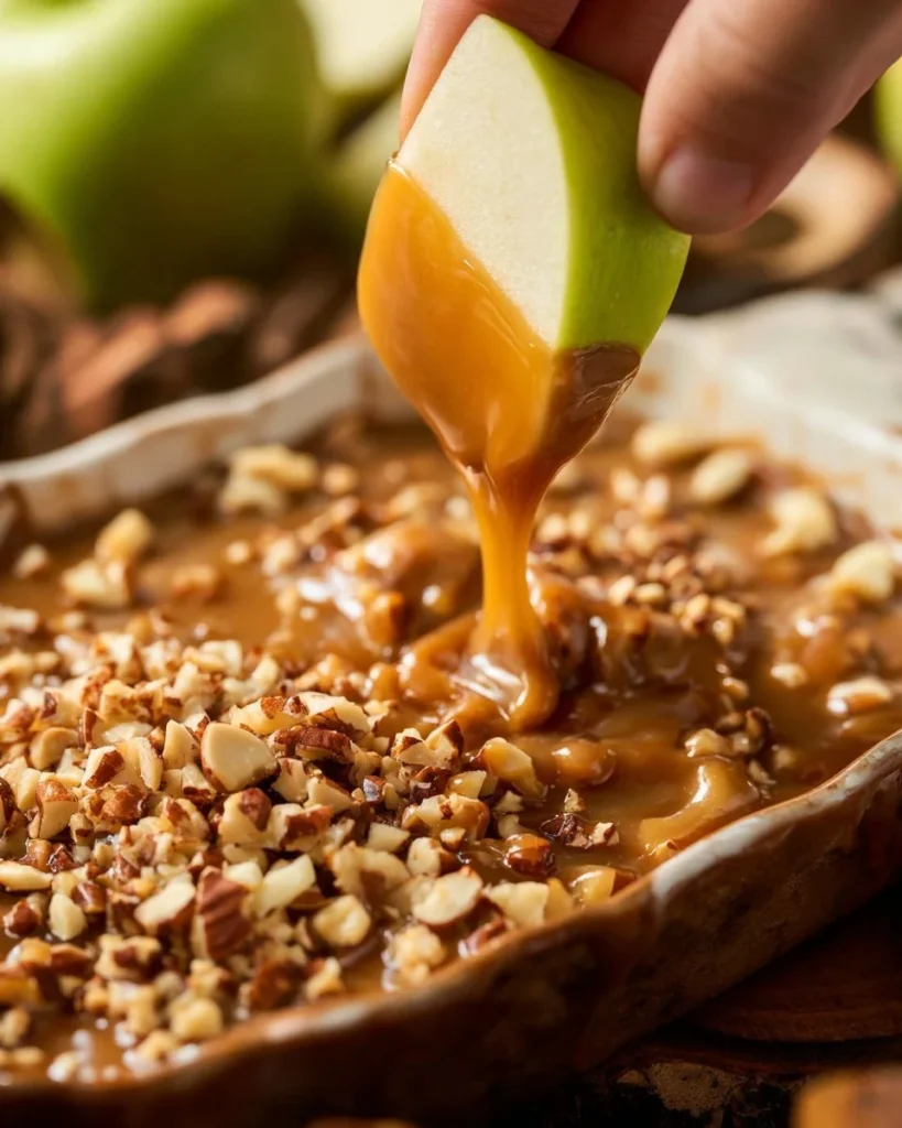 Delicious cream cheese caramel apple dip served with apple slices