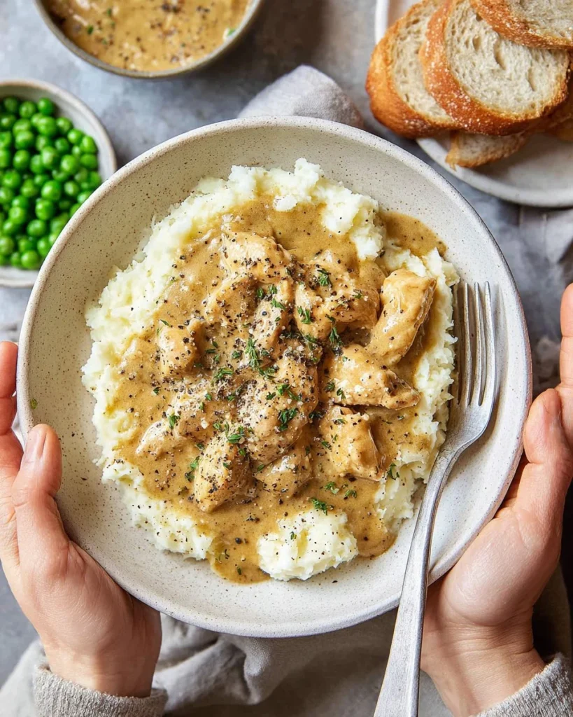 Creamy chicken and gravy served over mashed potatoes for a hearty meal