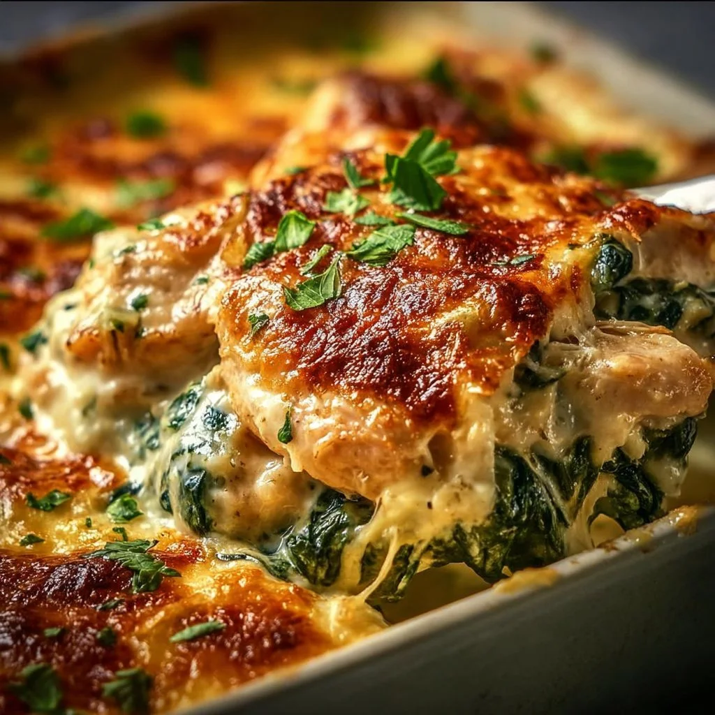Creamy chicken and spinach casserole in a baking dish
