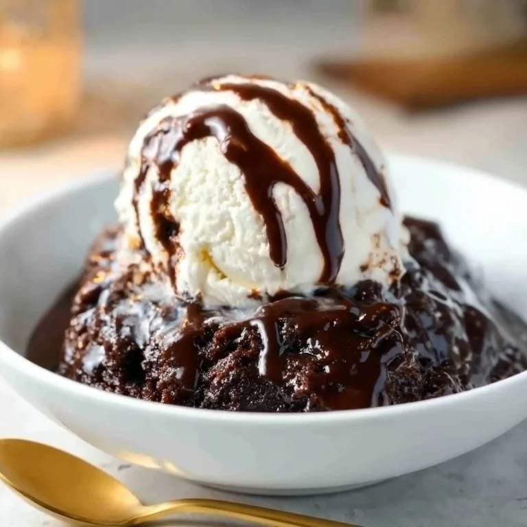 Crockpot brownies pudding served in a bowl with chocolate sauce
