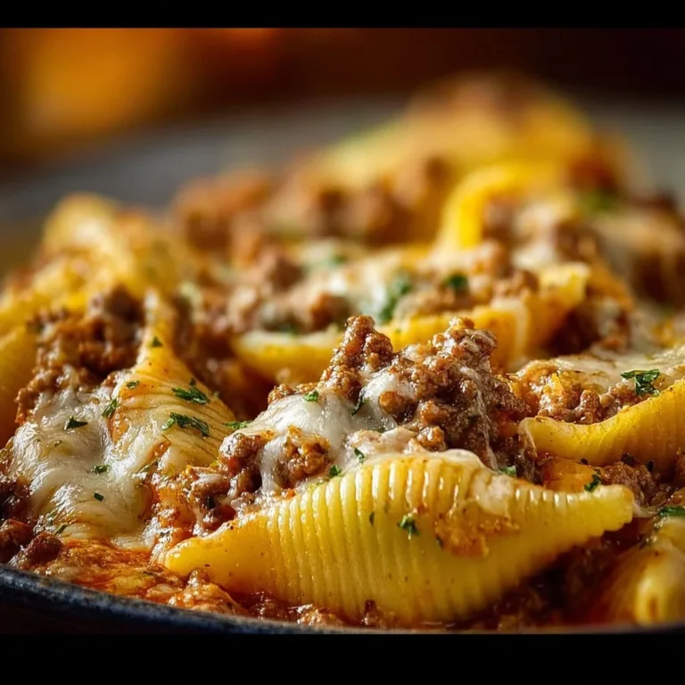 Crockpot Cheesy Ranch Beef Pasta Shells garnished with herbs in a bowl