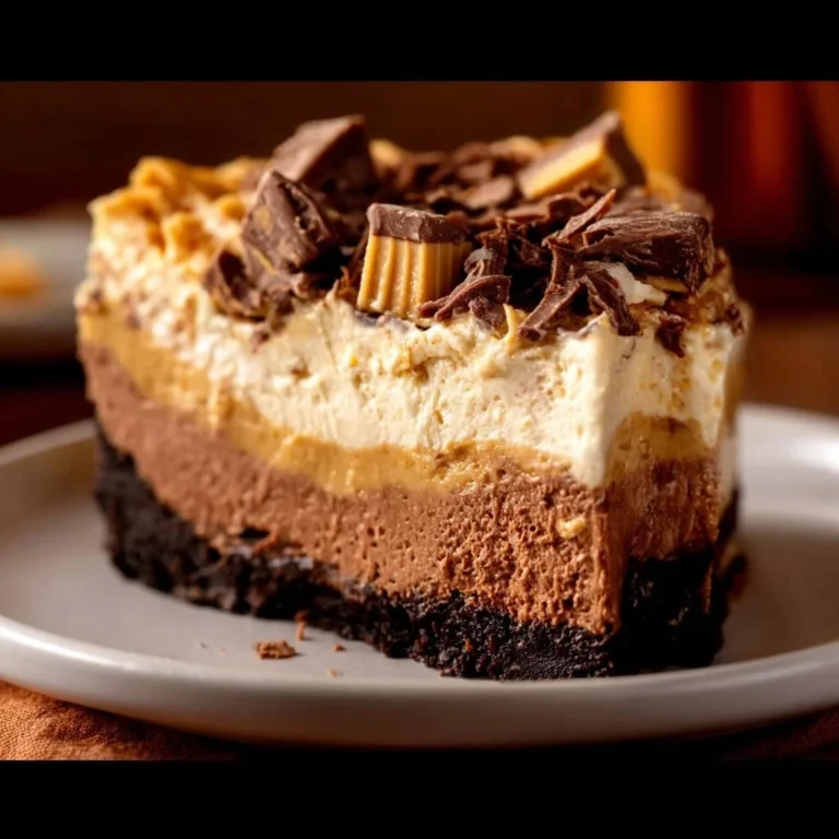 Decadent chocolate peanut butter pie with a creamy filling and rich chocolate glaze
