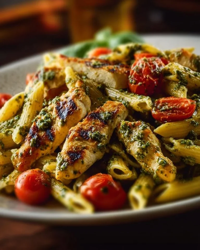 Plate of delicious chicken pesto pasta garnished with fresh basil and parmesan cheese.