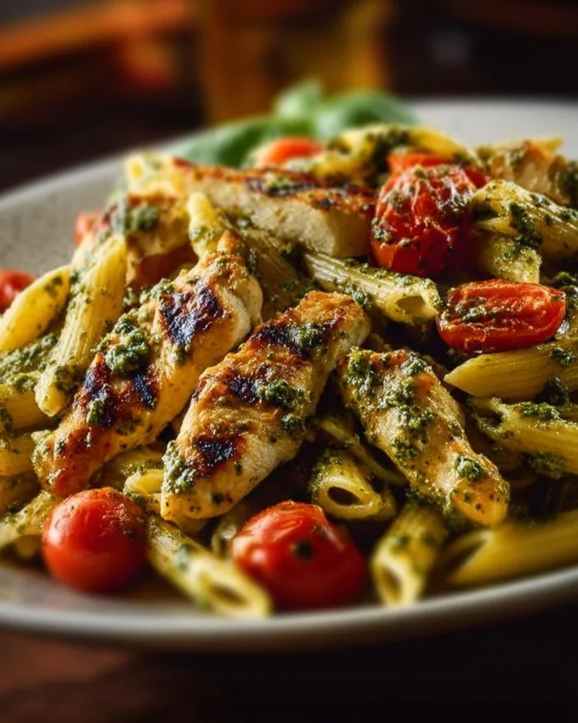 Plate of delicious chicken pesto pasta garnished with fresh basil and parmesan cheese.