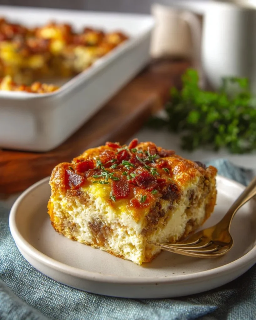 Delicious Crack Breakfast Casserole with eggs, cheese, and bacon served in a dish