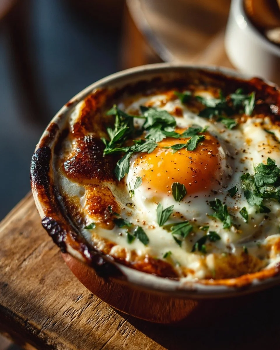 Delicious eggs cocotte served in ramekins for a cozy brunch