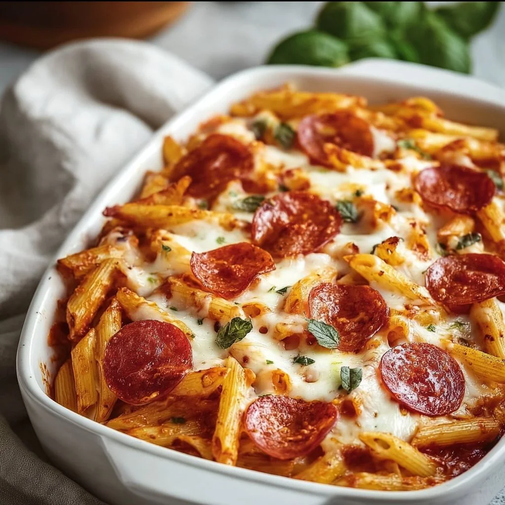 Delicious easy pizza pasta bake topped with melted cheese and herbs