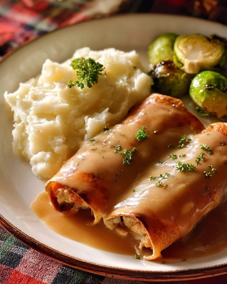 Easy turkey roll ups with stuffing and creamy gravy on a plate