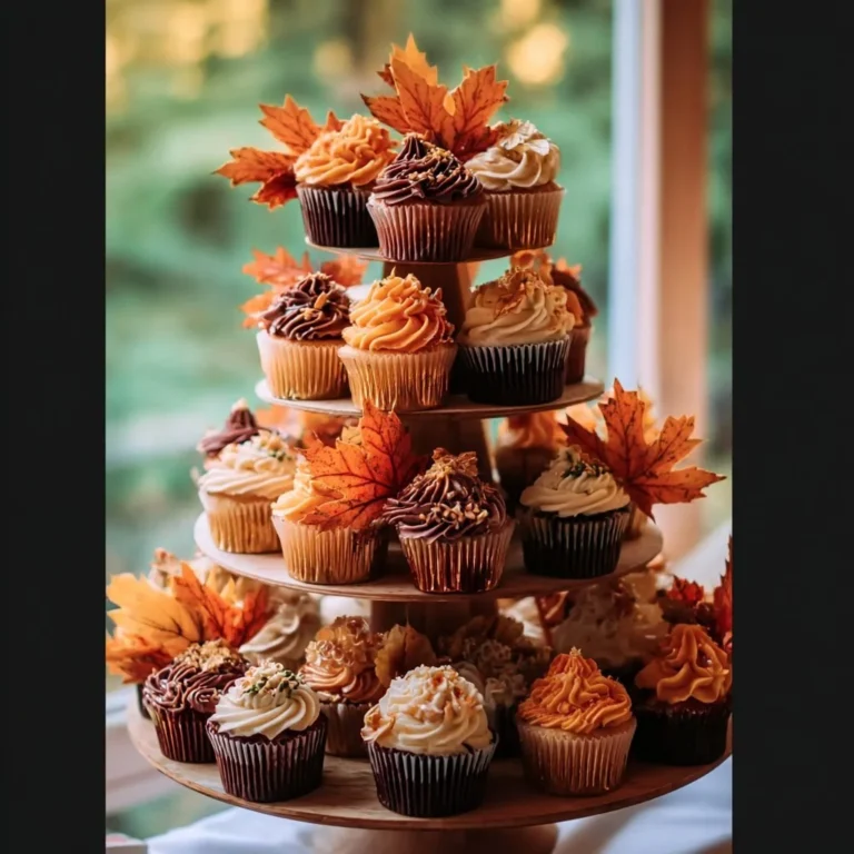 Delicious fall-themed baby shower cake and cupcakes decorated with autumn leaves.