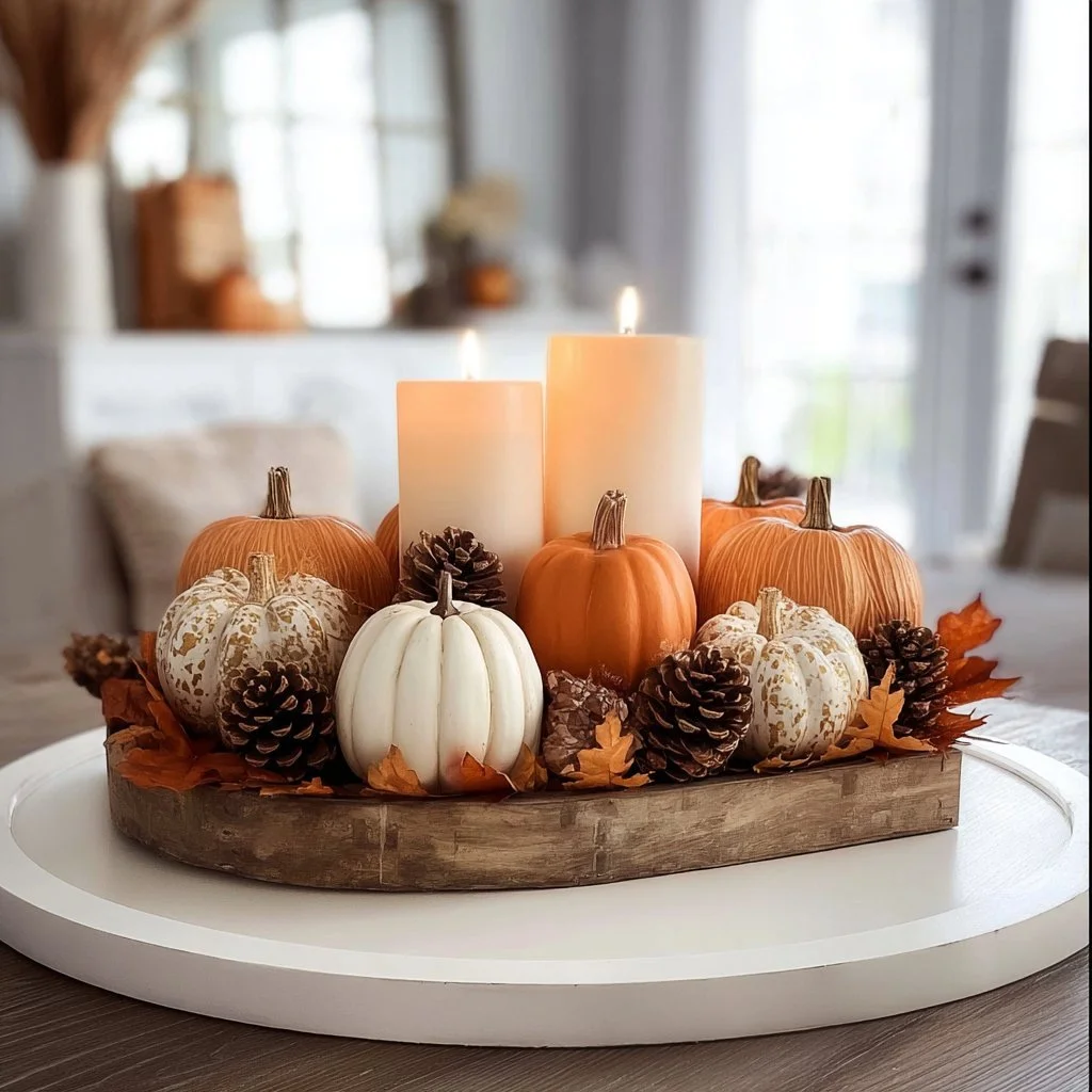 Elegant fall table centerpieces featuring seasonal flowers and pumpkins.